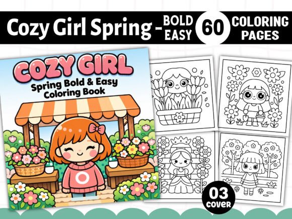 Bold Easy Cozy Girl Spring Coloring Pages & Graphics