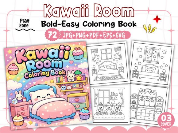 Bold Easy Cozy Kawaii Room Coloring Pages & Graphics