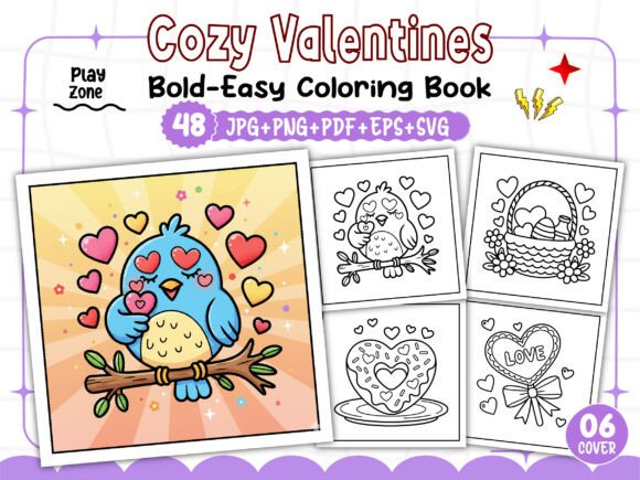Cozy Valentine’s Bold Easy Coloring Pages & Graphics