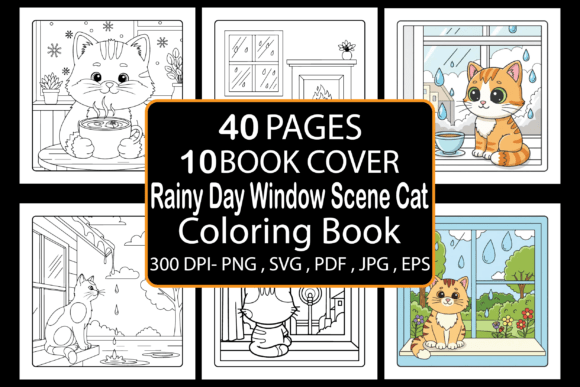 Rainy Day Window Scene Cat Coloring Pages Graphics